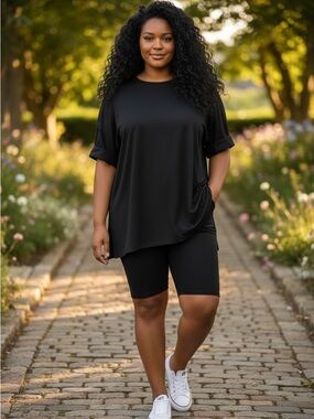 Casual Oversized Black Tee with Matching Bike Shorts